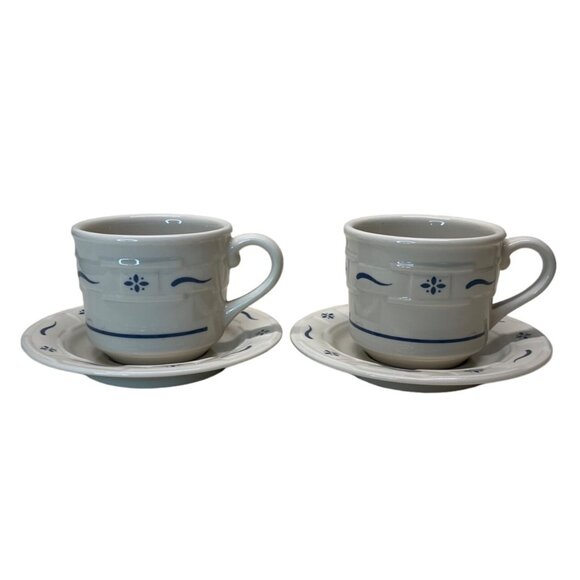 2 Longaberger Classic Blue Woven Traditions Pottery Coffee Cup & Saucer Sets - Picture 1 of 8